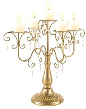 LANLONG Centre de table en forme de candélabre doré de 38,9 cm pour tables, chandelier en cristal à 5 bras pour bougies piliers, bougeoirs en métal pour centre de table de mariage, fête, événement