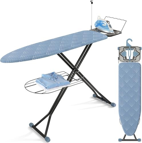 KINGRACK Ironing Board, Iron Board with Bottom Storage Tray, Heat & Scorch Resistant Fabric, Cord Holder, Ironing Boards with Iron Rest, 7 Adjustable Heights, Heavy Duty 13x43 Blue