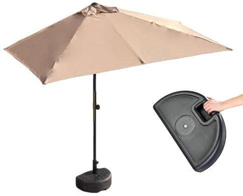 Halber Sonnenschirm, Sonnenschirm Halb – 8,2 Fuß/6,6 Fuß Halber Terrassenschirm mit Druckknopf-Hebung/einfacher Kurbel – Kleines Vordach für Balkon, Tisch Oder Terrasse – mit Sockel ( Color : Khaki+Li
