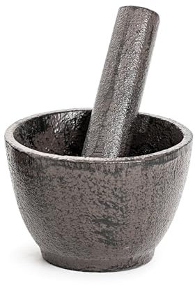 Sungmor Mortero y mortero de hierro fundido, pequeño y resistente, juego de molinillo de especias negro, mortero de 3 pulgadas de diámetro y mortero de 3.9 pulgadas de largo, herramientas de cocina