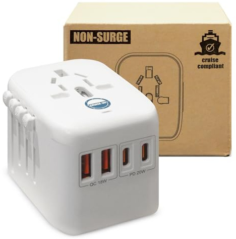 Cruise On Universal Travel Adapter, Cruise Approved (incl Royal Caribbean, Disney, MSC) - International Power Adapter [2 USB-C, 2 USB, AC] World Travel Plug Adapter Converter USA, Italy, Europe, Asia