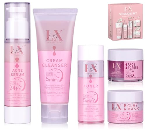 LXSKN Hautpflegesets - 5-Schritte-Skin Care Set mit Gesichtsreiniger, Gesichtspeeling, Toner, Gesichtswasser und Akne-Serum für Jugendliche und Erwachsene