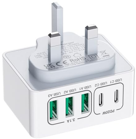 usb c plug, 50W 5Port usb c wall charger for iPhone, iPad, Samsung, Mains Chargers