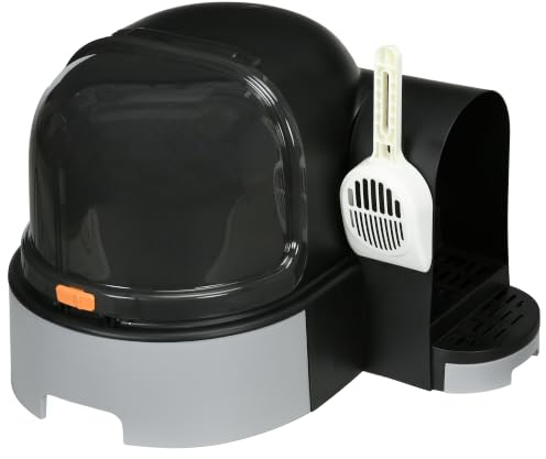 PawHut Maison de Toilette Bac à Litière Fermé pour Chat Pelle Incluse Gris | Compartiment Inférieur Amovible, Nettoyage Facile