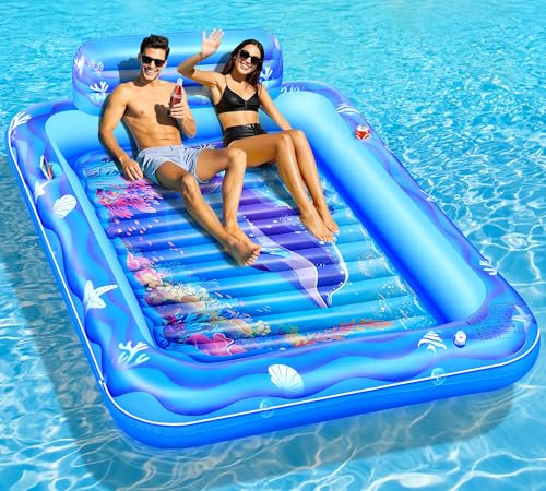 LanBlu Materassino Gonfiabile Mare, Materassino Gonfiabile Piscina con Mondo Marino Divertente, Gonfiabili Mare Adulti con 2 Portabibite & Comodo Schienale, 205 * 150CM Gonfiabili Piscine Abbronzante