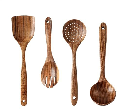 Utensilios de madera, 4 cucharas de madera, juego de cucharas de madera, cuchara grande para sopa, juego de herramientas de cocina, espátula con asas largas para restaurante