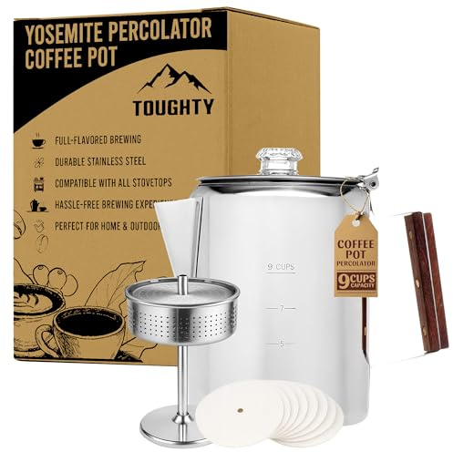 Toughty Yosemite Percolator Coffee Pot – Classic Stovetop Coffee Maker for Camping, Hiking & Home, Durable Stainless Steel Pot, Compatible with All Stovetops – Old-Fashioned 9-Cup Percolator, Silver