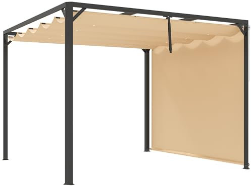 Outsunny 3 x 3(m) Garden Pergola with Retractable Roof Canopy, Aluminium Pergola Kit Gazebo with Roller Shade, UPF30+ Sun Shade Shelter for Porch, Khaki
