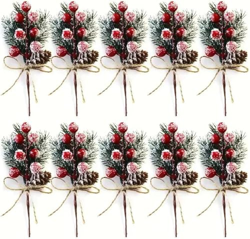 SUNKURO 10 Stück Künstliche Tannenzweige mit Beeren, Weihnachten Tannenzapfen Zweige Dekorationen, Rote Beeren Tannenzapfen, Weihnachtsdeko Zum Basteln Zweige