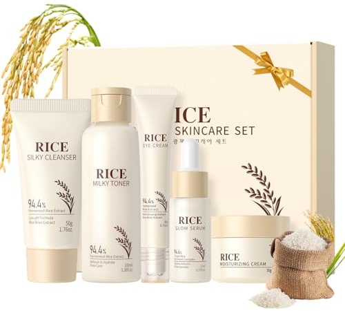Reis Gesichtspflege Set, Rice Skincare Set, Rice Raw Pulp Skin Care, Hautpflege Set für Beruhigende, Feuchtigkeit, Anti-aging, Feine Linien und Falten reduzieren (Reis Skincare Set (5-teilig))