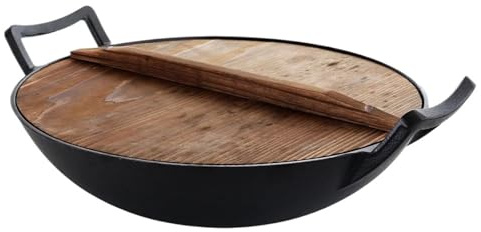 LCKKJHG wokpfanne gusseisen Robust, mit Holzdeckel, vorgewürzt, for Induktion, Gas, Elektro, Kochen, Handwäsche empfohlen