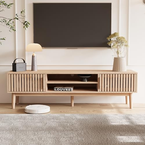 SUNFECILI TV-Schrank 150 cm, TV Stand mit 2 Schränken und offenen Regalen, Holz TV Ständer Schrank, TV-Möbel für Wohnzimmer (Naturholzfarbe, TV-Möbel)