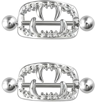 14G Halloween Fang 316L Stainless Steel Nipple Barbell Rings for Women Men Unisex Hypoallergenic Personalized Vintage Gothic Tusk Wolf Tooth Nipple Bars Creative Body Piercing Jewelry (Silver)