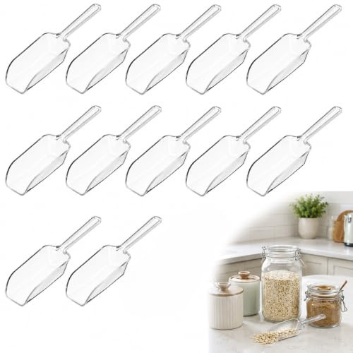 Sweet Scoops, 12 Pcs Clear Plastic Acrylic Kitchen Scoops, Mini Ice Scoop for Buffet, Dessert, Coffee, Flour and Protein Powder, Food Grade Reusable Small Scoops for Kitchen & Party
