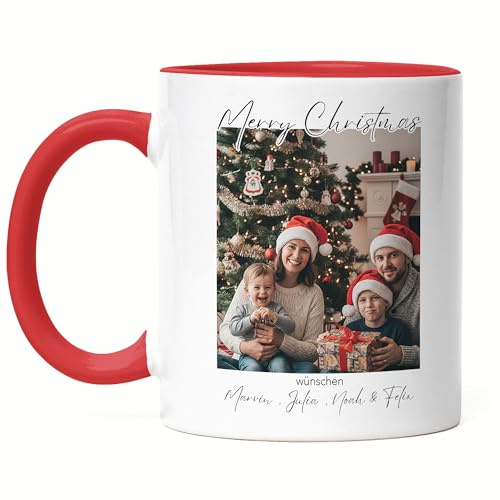 Kiddle-Design Fototasse zu Weihnachten mit eigenen Fotos selbst gestalten, Merry Christmas Kaffeetasse Herzhenkel, Familien Fotogeschenk als Tasse mit Namen, Bildern und Text Bedrucken
