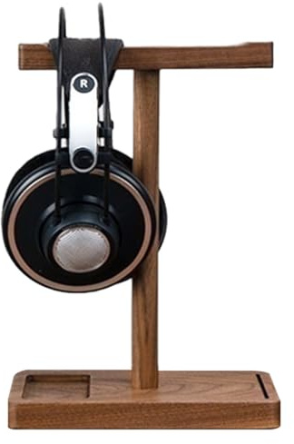 Hörlurshållare i valnöt – skrivbordsstativ i svart valnöt, ljudhängare, universellt stöd för headset | Arrangör för musiktillbehör, stabil glidning