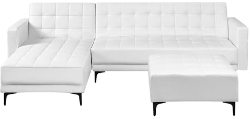Beliani Canapé d'angle à Droite avec Pouf Moderne en Cuir PU Synthétique Similicuir Capitonné Modulable 4 Places Blanc Aberdeen