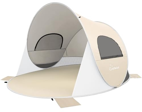 Wolfwise Pop Up-Strandskydd UPF 50+, Strandtält för 6-7 Personer, Bärbart Tält för Friluftsliv och Sport, Beige