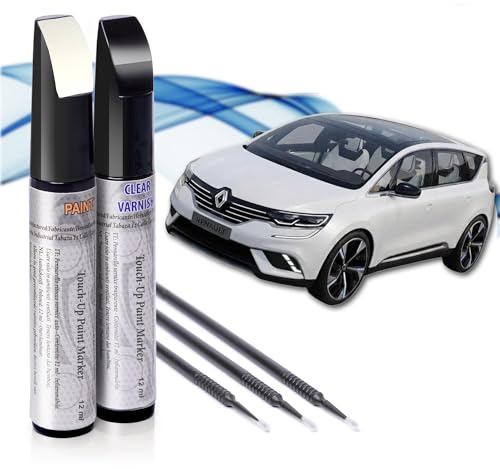Asturcolor Reparador de Arañazos para Coche, Lápiz de Retoque para Automóvil, Bolígrafo Reparaarañazos, 2 Piezas de Pintura de Retoque Renault (369 BLANCO GLACIER) con Base + Laca.