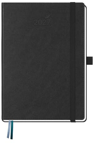 BEZEND Kalender 2027 Buchkalender 1 Woche 2 Seiten A5 (21,5 x 15,5 cm) | 12 Monate Kalender (Jan - Dez 2027), PU-Leder Hardcover, 100 GSM Papier, Schwarz