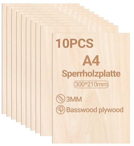 Peviasot Tablero de madera contrachapada de 3 mm, 300 x 210 mm, 10 unidades, madera de tilo, corte para manualidades, madera para modelismo, corte láser, grabado láser, madera, pintura al óleo