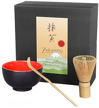 Matcha-Set 3-teilig, Malika schwarz/rot, bestehend aus Matcha-schale, Matcha-löffel und Matcha-besen (Bambus) in Geschenkbox. Original Aricola®
