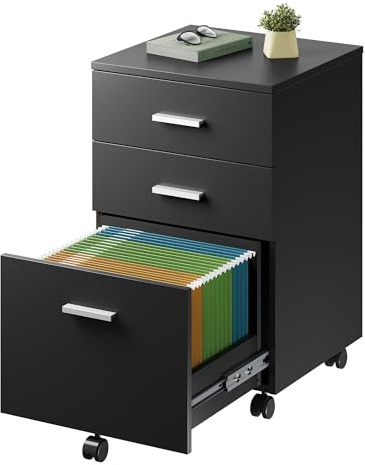 DEVAISE 3 Drawer Wood Mobile File Cabinet, Rolling Filing Cabinet for Letter/A4 Size, Printer Stand for Home Office, Black