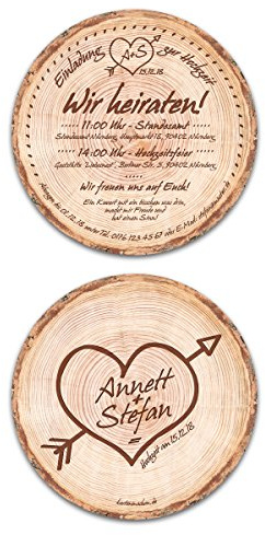 Kartenmachen.de 10 x Runde Hochzeitseinladungen Einladungskarten Hochzeit - Baumscheibe Holz Motiv
