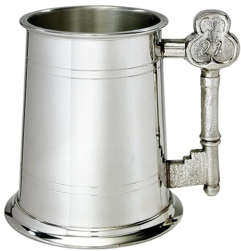 Pewter Tankard 1 Pint Plain Double Lined 21st Key Handle Design Pure Heavy Gauge Beer Tankard Perfect for Engraved Personalised Gifts for Men and Women