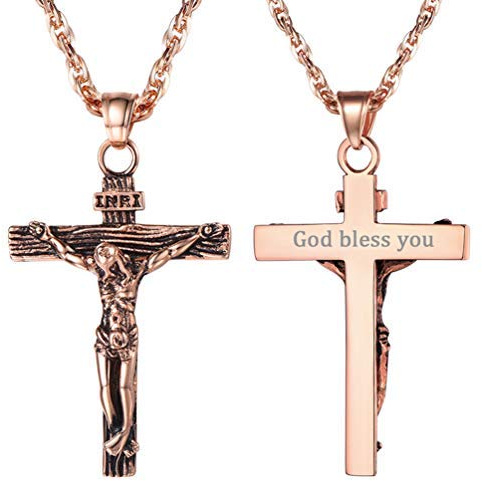 PROSTEEL Herren personalisiert Halskette Kruzifix Kreuz Anhänger mit Singapurkette Benediktuskreuz Religiöser Modeschmuck für Männer Jungen Edelstahl/18k vergoldet/schwarz Metall/Ionenplattieren blau