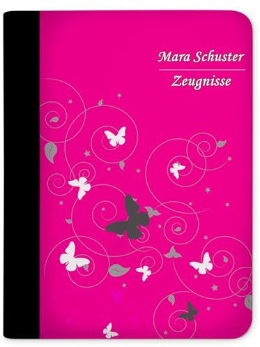 CreaDesign Zeugnismappe A4 mit Namen personalisiert – Schmetterling Ornamente Pink – für Mädchen – Dokumentenmappe Schule ohne Klarsichthüllen