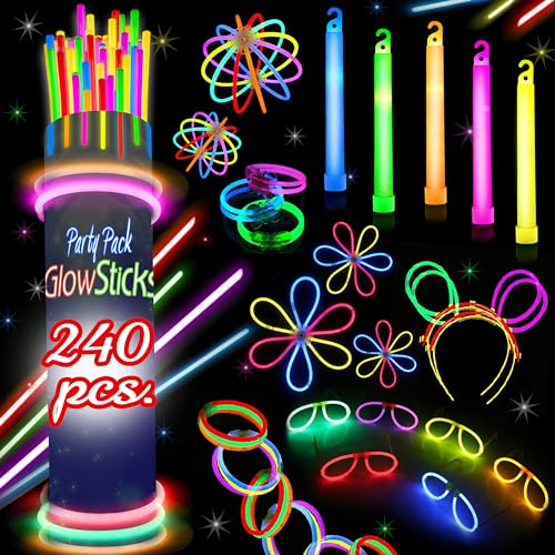 240 Glow Sticks Halloween Party Pack – Glow Activities For Families – Neon Light Sticks Decoration Party Favors Kids & Adults, Necklaces, Bracelets & Much More Glow In The Dark Glow Sticks Bulk
