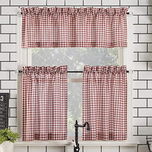 No. 918 Parkham Farmhouse - Set di tende da cucina semi-velate con mantovana e ripiani, 137 x 61 cm, 3 pezzi, rosso/bianco