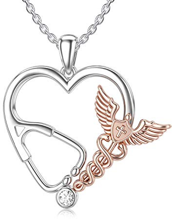 HARMONY BOLA Silber Hermesstab Engel Anhänger Stethoskop mit Zirkonia Herzform Halskette Schmuck Dankeschön für Krankenschwester Ärzte Frauen Mädchen, 45,7 cm + 5,1 cm Kette