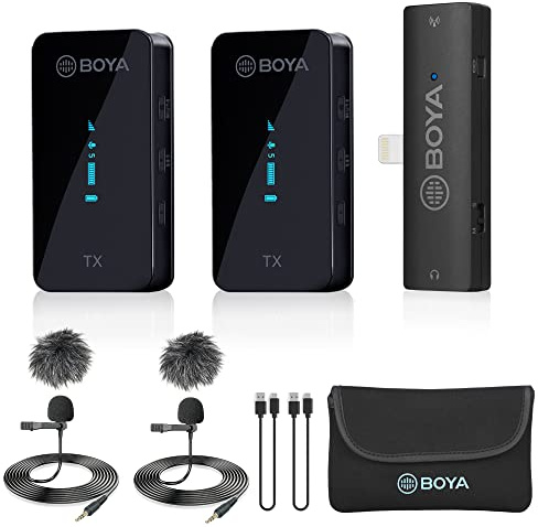 BOYA XM6-S4 Microfono lavalier wireless OLED per iPhone/iPad, microfono da bavero wireless da 2,4 GHz con display e microfono integrato