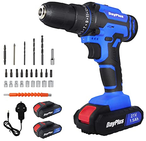 Power Combi Drill Kit, Cordless Drill Driver with 2 Battery and Charger(1.5Ah), 45 Nm, 25+1 Torque Setting, 0-1400RPM Variable Speed, 3/8 Keyless Chuck, 26pcs Drill Set for Drilling Wood Metal