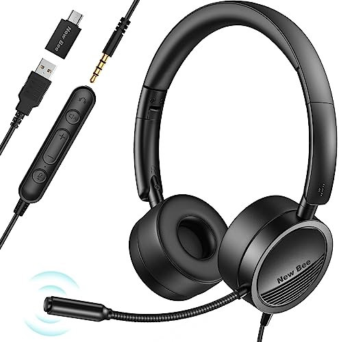 New bee USB Headsets with Microphone, PC Computer Headset with Mic for Laptop, 3.5mm/USB Jack 2-In-1 Audio Line Control, Noise Canceling Office Headphones for Call Center, Gaming, Business, Skype