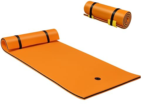 COSTWAY Floating Water Pad Mat, Lily Pads with Rolling Pillow Design, Bouncy Tear-Resistant 3-Layer XPE Foam, Roll-Up Floating Island River Rafts for Pool Lake Ocean (Orange)