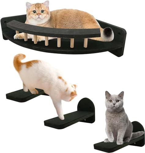 Kathson Wandbett mit 3 Stufen Eck-Kletterregal Sitzstangen Set – Plüschbezogene Katzenhängematte und moderner Kratzbaum für den Innenbereich (Schwarz)