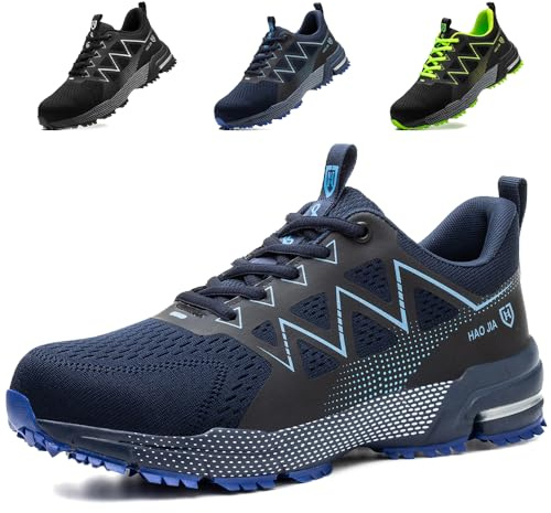 Safety Trainers Mens Womens Lightweight Breathable Steel Toe Cap Safety Shoes Non Slip Work Boots Construction Industrial Sneakers, Blue, UK 9