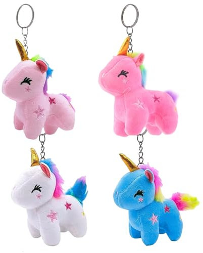 SiSfeL 4pcs Einhorn Schlüsselanhänger,Plush Unicorn Keychain, Cartoon Unicorn Keychain,Weiche Anhänger Schlüsselanhänger, Tierplüschtiere, Partydekorationen Partygeschenke
