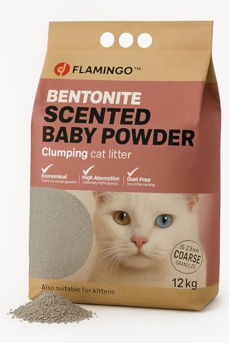 Flamingo - Litière Chat - 12L (12kg) pour 10 semaines - Litière agglomérante - Gros Grains - Parfum Talc bébé - Origine Europe