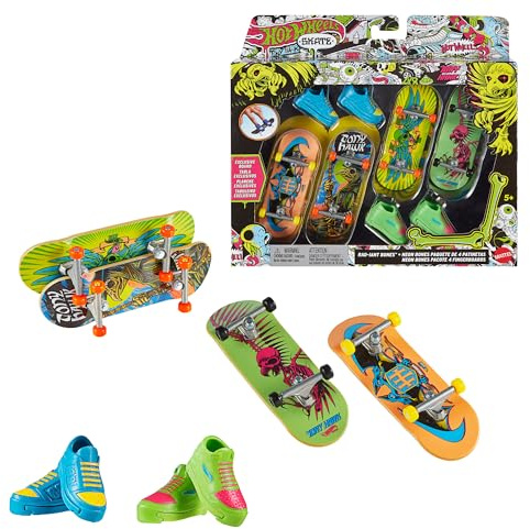 Hot Wheels Skate Coffret Squelettes Fluorescents, sur le thème de Tony Hawk, avec 4 fingerboards et chaussures de skate amovibles conçu en collaboration avec Tony Hawk, HXK84