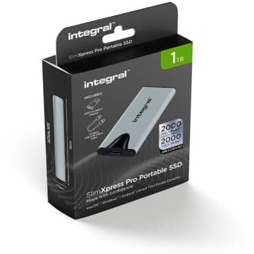 Integral SlimXpress Pro 1TB Portable SSD External Hard Drive: USB-C, 2000MB/s Read/Write, USB 3.2 Gen 2x2, Compact Design, Plug & Play, Compatible with Mac, Windows PC, Android, Xbox, PlayStation