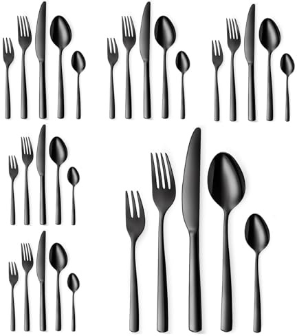 Targzier Schwarz Besteck Set 6 Personen, 30-teilig Edelstahl Besteck Schwarz, Schwarzes Besteck Set mit Messer Gabel Löffel, Elegantes Edelstahlbesteck, Spülmaschinenfest.