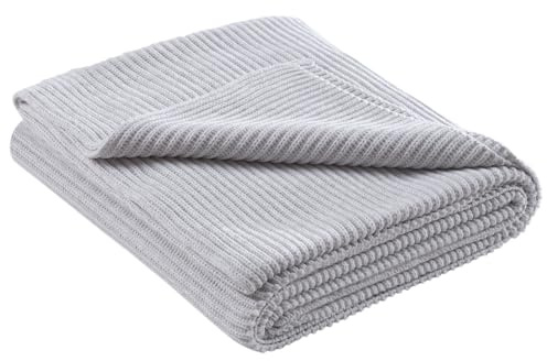 wometo eco-line Kuscheldecke Strick 140x190 60% recycelt Oeko-TEX weiß grau | Strickdecke Wohndecke warme weiche Decke mit geradem Strickmuster