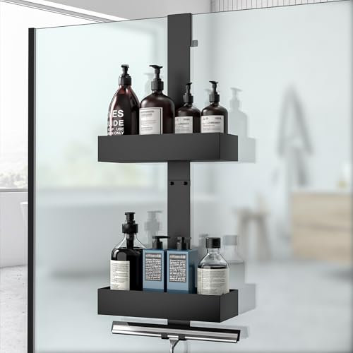Diwoker Mensola Doccia da Appendere, Porta Shampoo Bagno da Appendere, Mensola Doccia Senza Foratura per Porta in Vetro Senza Telaio Nero (2 Livelli)