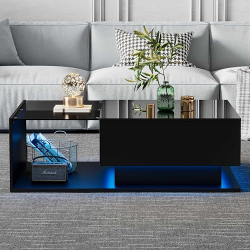 KOMHTOM Table Basse Noire avec Plateau en Verre et Plateau Brillant, Table d'appoint LED avec tiroir Table Basse Moderne Meubles de Salon (Noir)