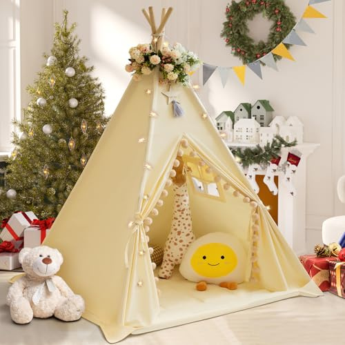 WIRHAO Tienda de campaña tipi para niños con alfombrilla acolchada, lona de algodón, tipi con pompón para niños pequeños, tienda de campaña de juego interior para niñas y niños con luces de estrellas