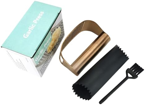 Pasdrucn Presse Ail à Bascule Inox, Presse Ail Inox Avec Silicone Epluche Ail, Découpe Ecrase Ail Manuel En Acier Inoxydable, Presse-ail à Bascule En Acier Inoxydable, Coupe Ail (or)